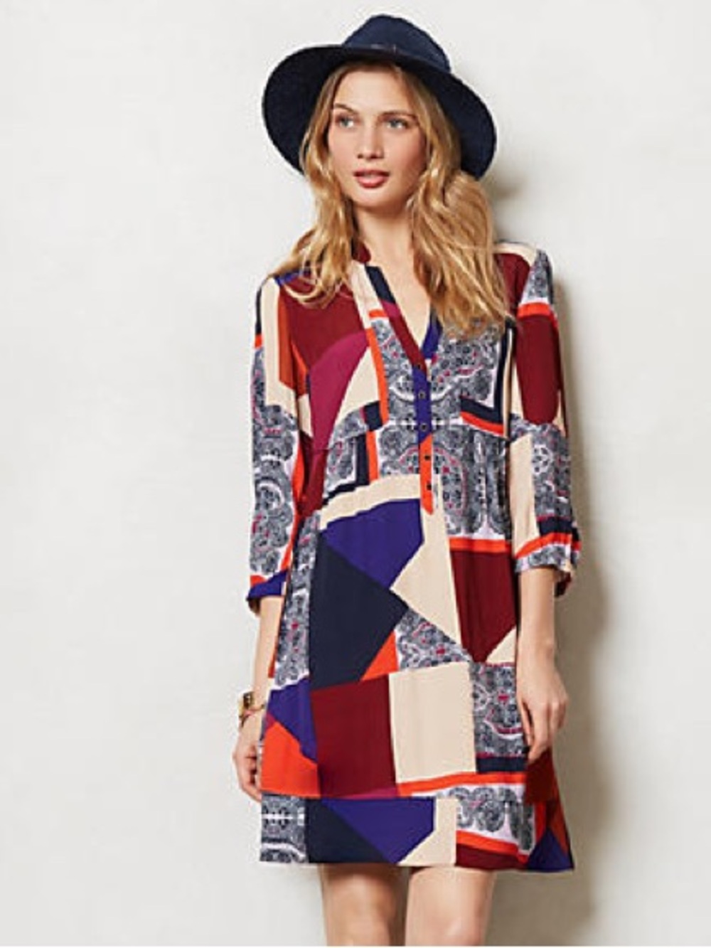 Anthropologie Maeve Taryn Crepe Shift Tunic Dress Geometric Patchwork Boho 0